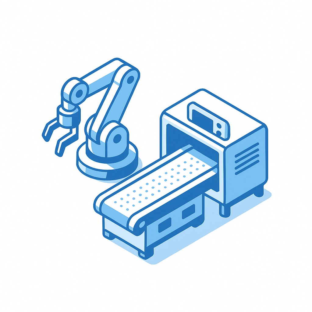 Isometrische Darstellung einer Industrieanlage mit Roboterarm und Förderband